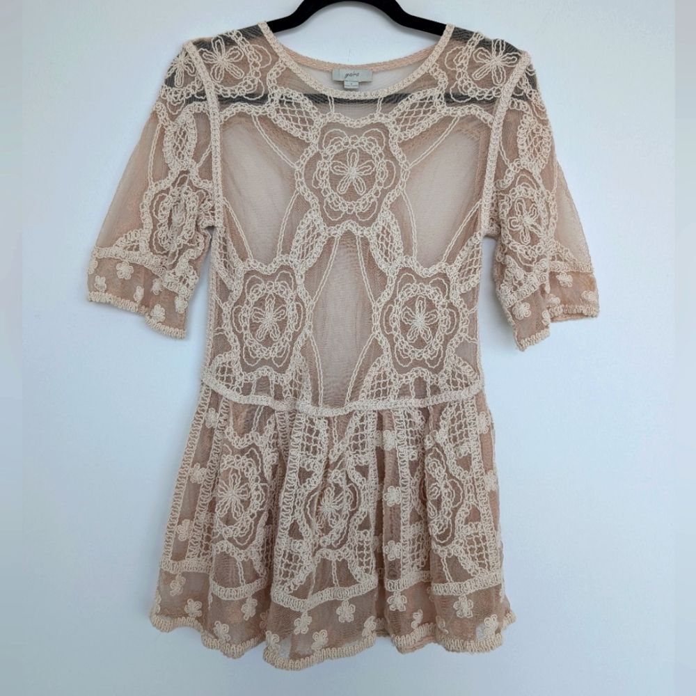 Boho Festival Crochet Embroidered Sheer Bell Short Sleeve Tunic Blouse Sz S